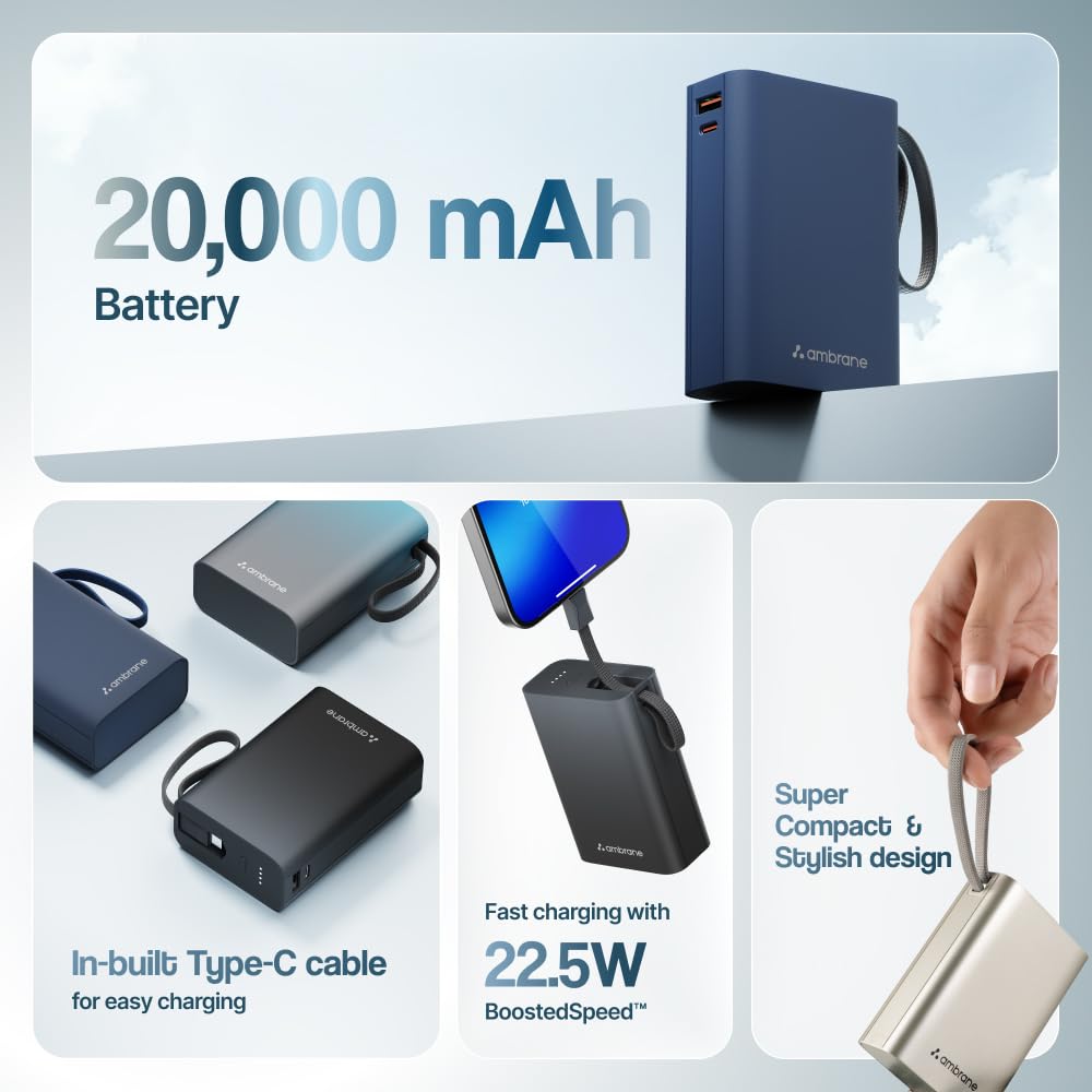 Ambrane 20000mAh Small Pocket Size Powerbank, Hanging InBuilt Type C Cable, 22.5W Fast Charging, Type C PD & USB Output for iPhone, Android Mobiles & Other Devices (MiniCharge 20, Black-Blue) - Image 3