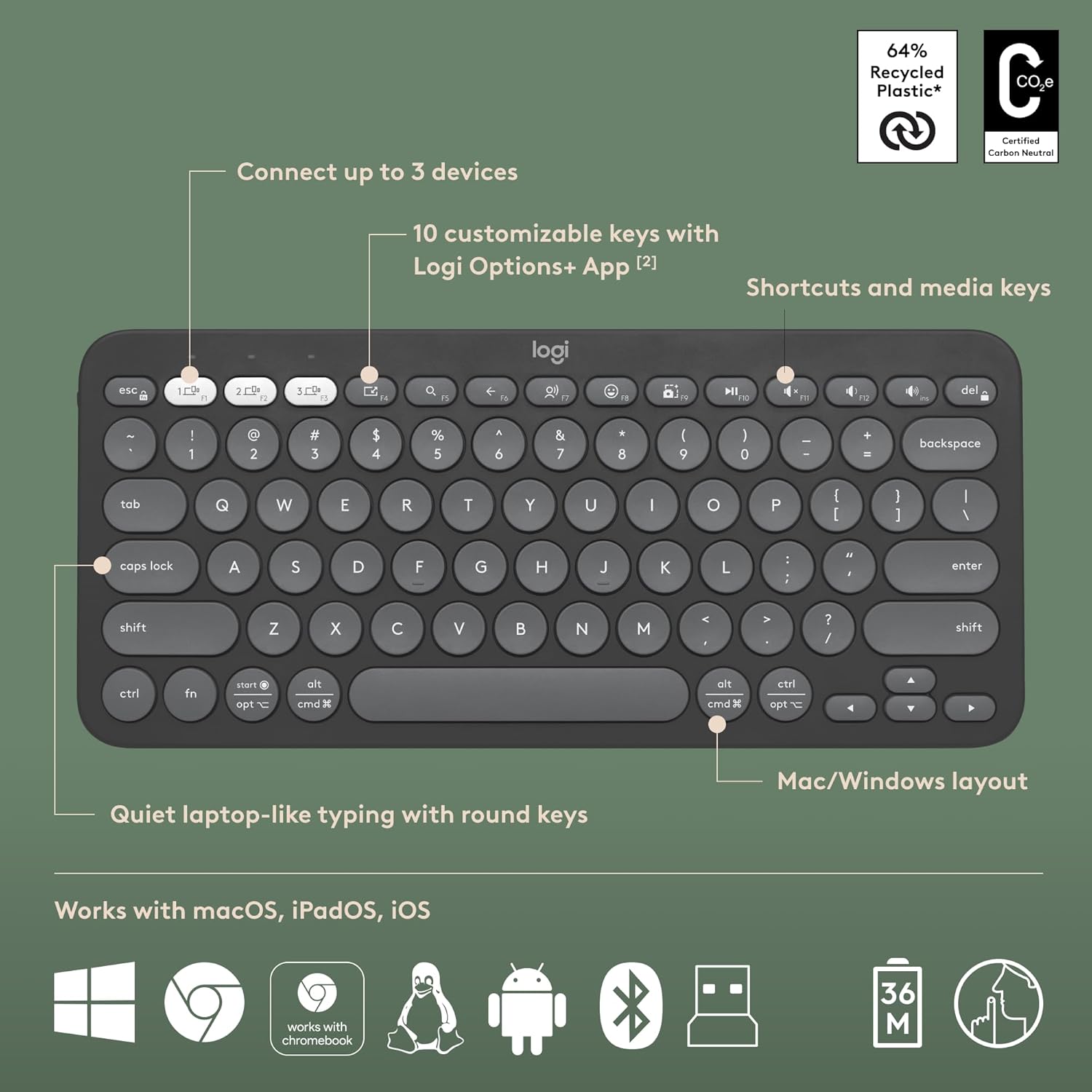 Logitech Pebble 2 Combo, Wireless Keyboard and Mouse, Quiet and Portable, Customisable, Logi Bolt, Bluetooth, Easy-Switch for Windows, macOS, iPadOS, Chrome - - Image 2