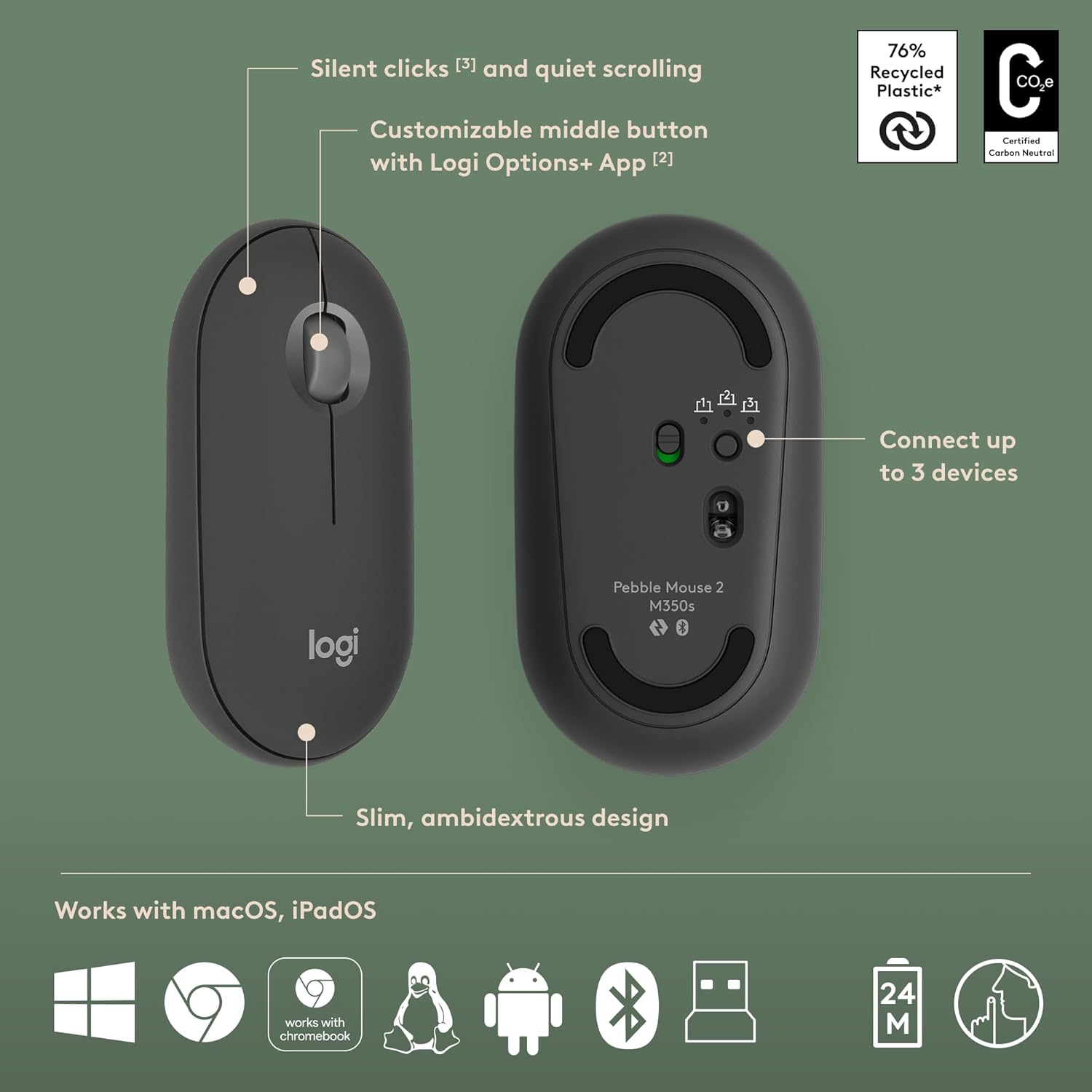 Logitech Pebble 2 Combo, Wireless Keyboard and Mouse, Quiet and Portable, Customisable, Logi Bolt, Bluetooth, Easy-Switch for Windows, macOS, iPadOS, Chrome - - Image 3